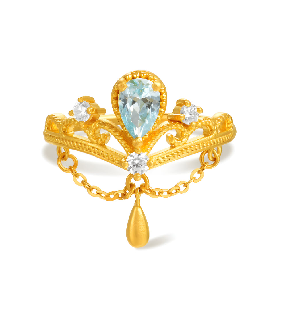 24K Blue Tears Pure Gold Ring Crown Water Drop Statement Ring - Gypsophila Co.