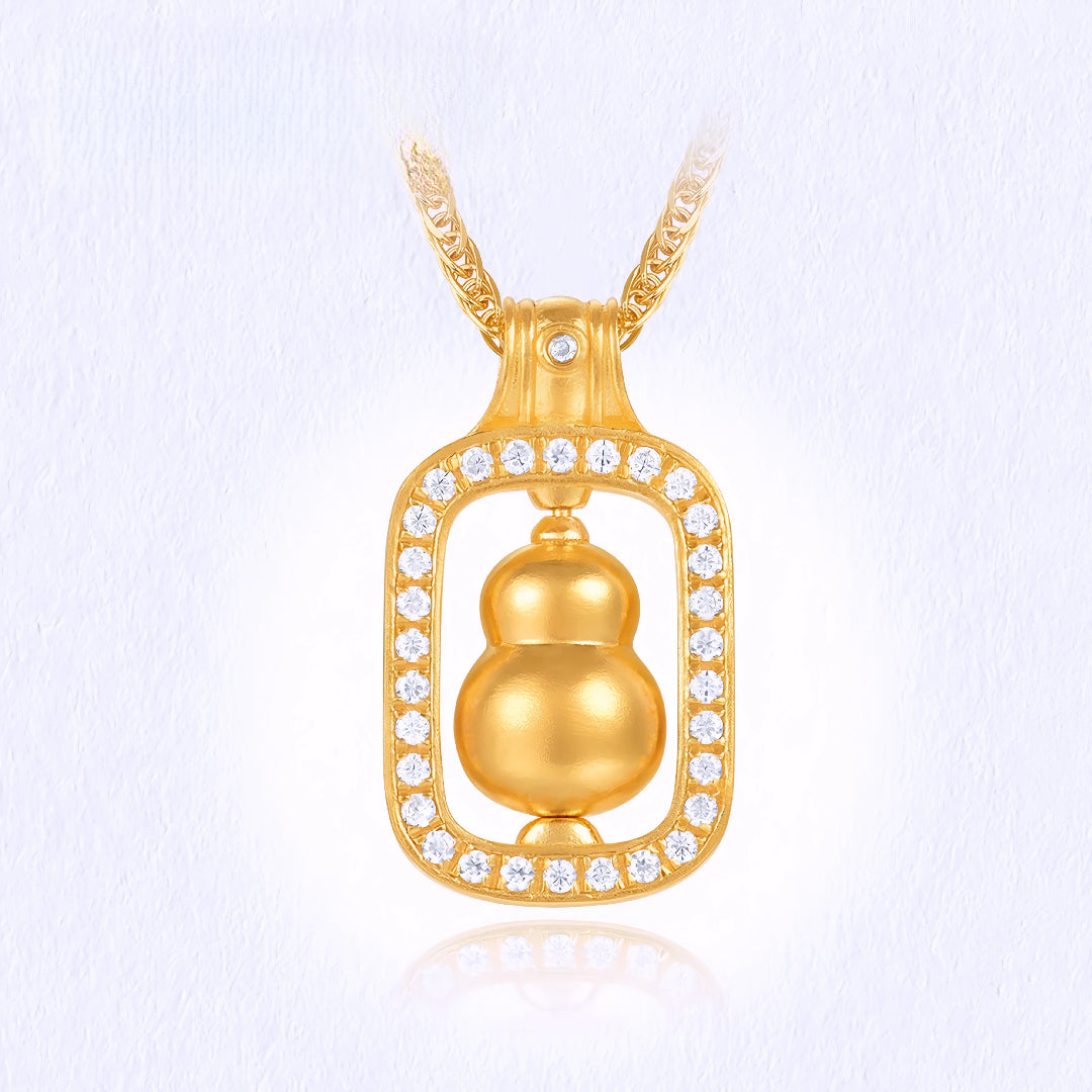 24K Pure 999 Gold Gourd Anicent Lucky Moissanite Rotatable Pendant