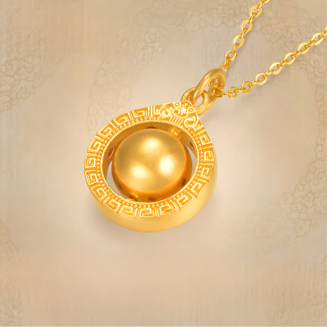 24K Gold Pendant with Gold Pattern Circle and Rotatable Ball bring Wealth