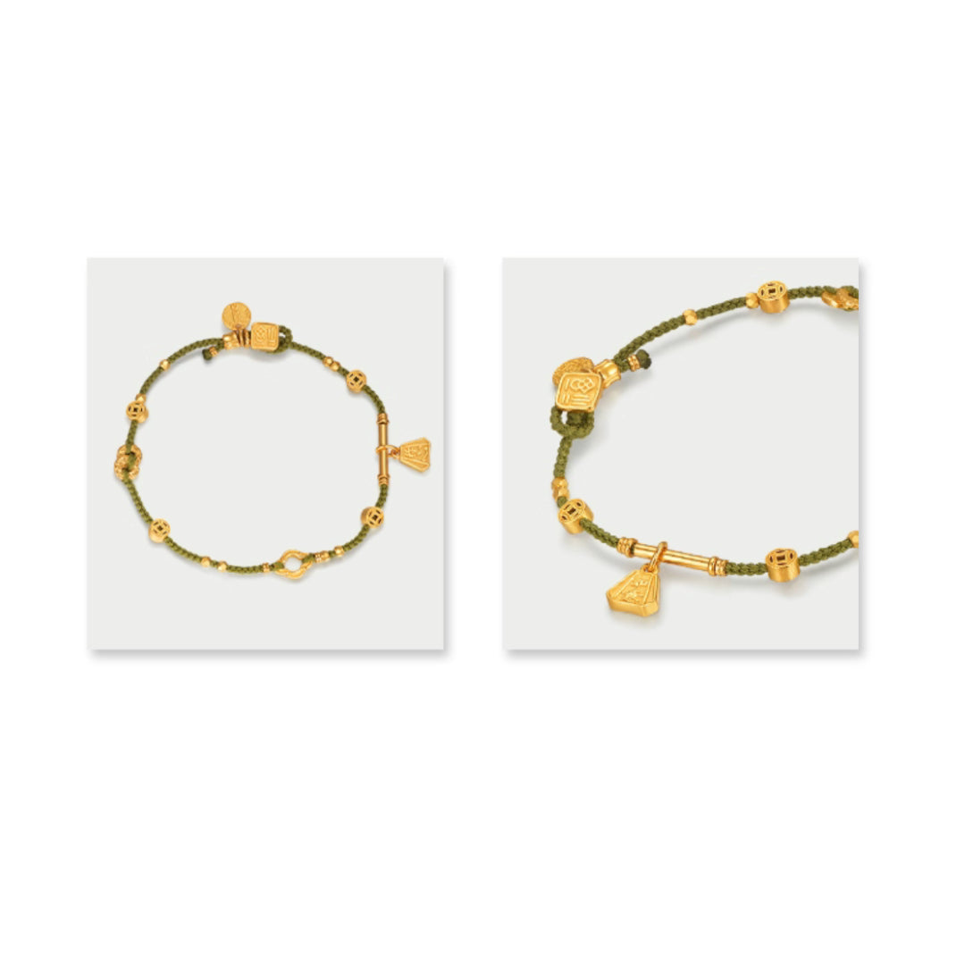 24K Real Gold beads Charms Blessing Bell Lucky Green Tea rope string Braided bracelet