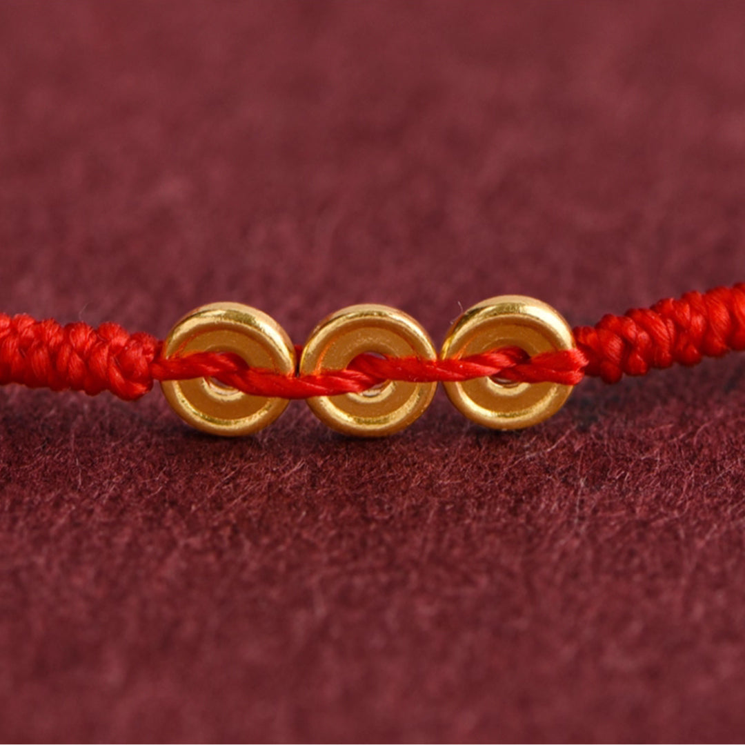 24k Solid 999 Gold Coins Charm Red Rope Bracelet for Men and Women Blessing and Safe Braided Bracelet