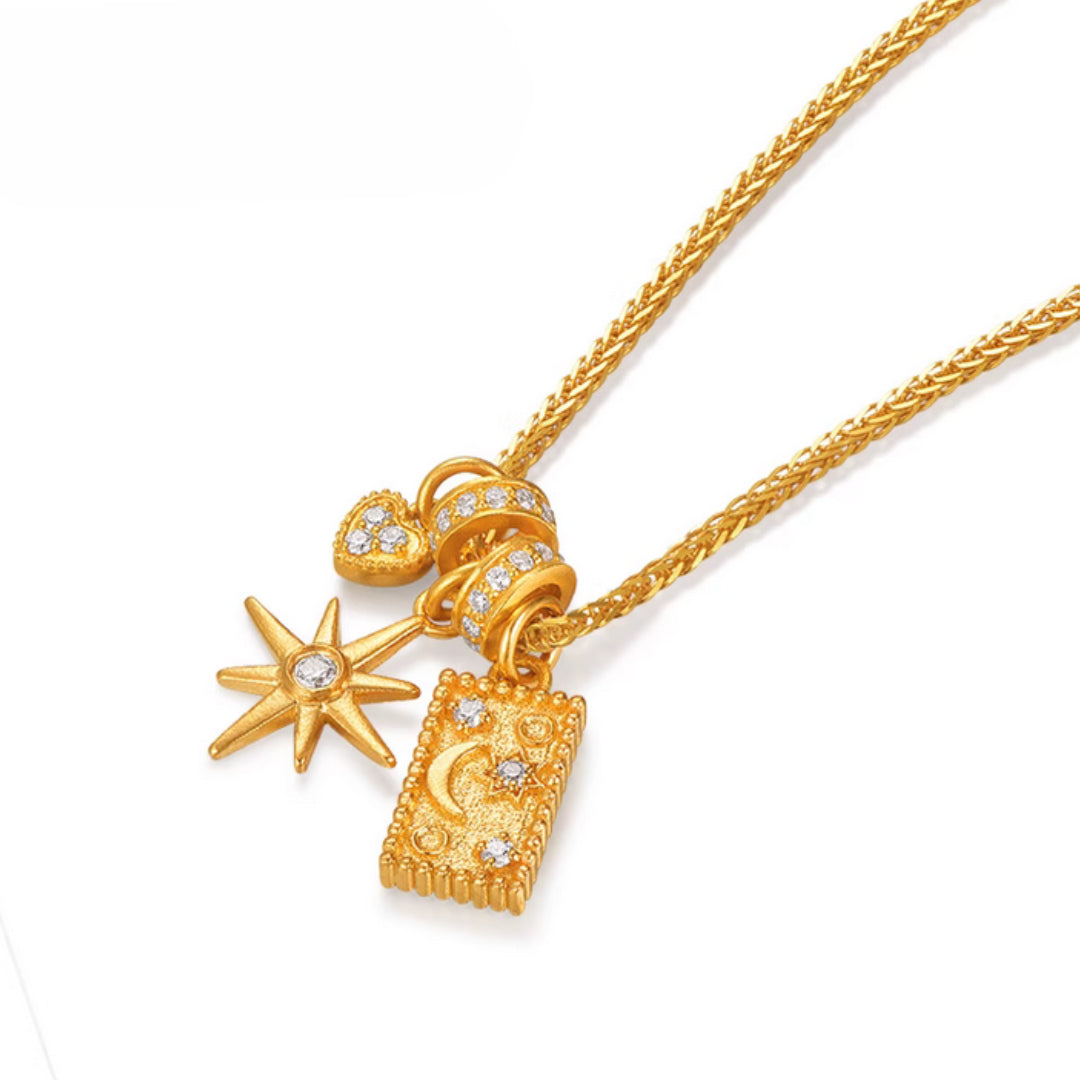 24K Real Gold Star and Moon Myth Moissanite Gold Necklace