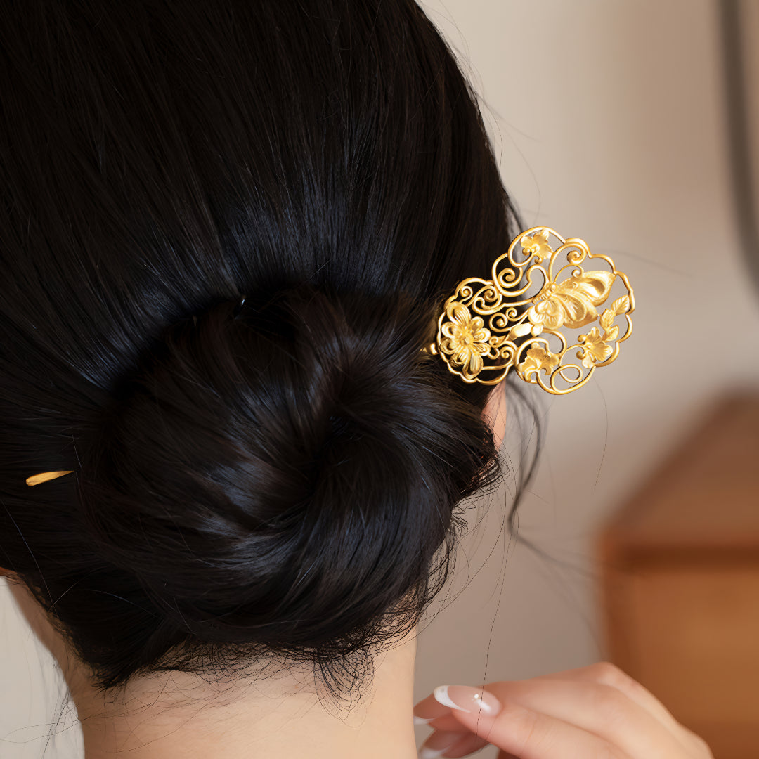 24k Gold Flower Flying Butterfly Hand-Carved Hairpin Hair Bun Stick