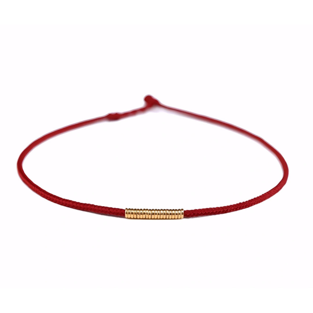 24k Solid 999 Gold Blessing Hoop Beads with Thin Red String Braided Rope Bracelet Minimal Minimalist Style