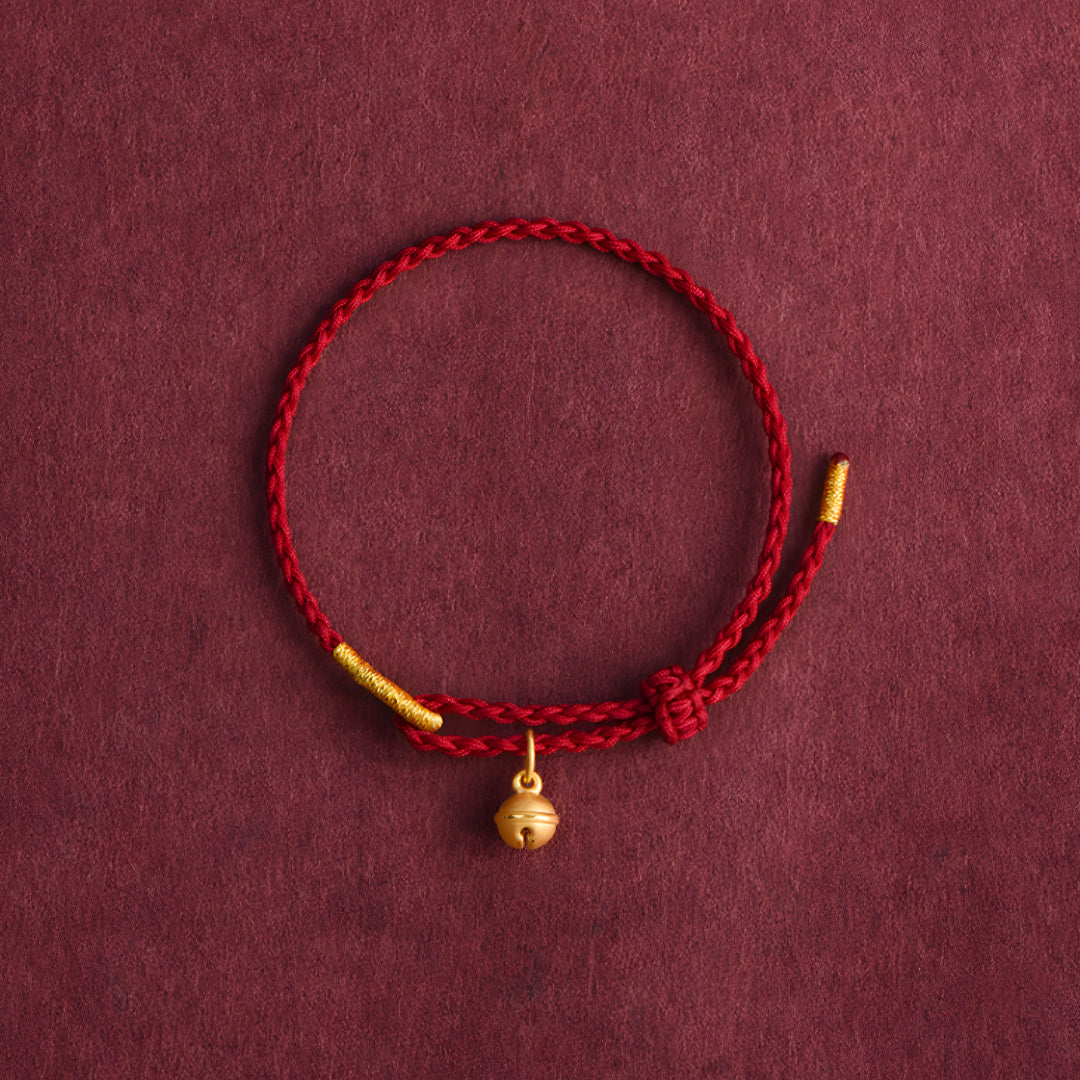 24k Pure Gold 999 Gold Beads Bell Red Rope Braided Bracelet Men and Women Couple Good Luck Bracelet