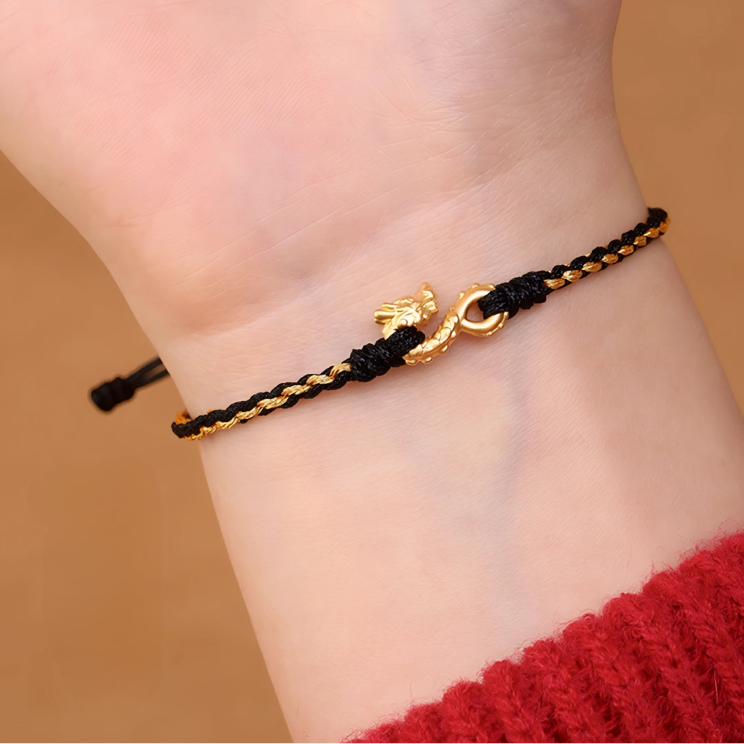 24k Solid 999 Gold Infinity Loop Dragon Pendant with Red String Braided Rope Bracelet and Anklet for Good Luck