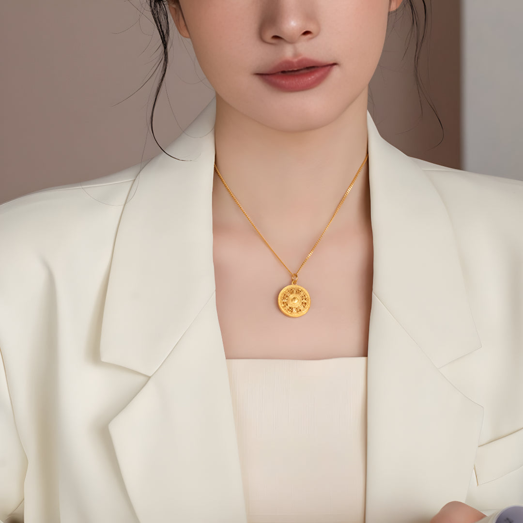 24K Round Compass Fortune Blessing Gold Pendant - Gypsophila Co.