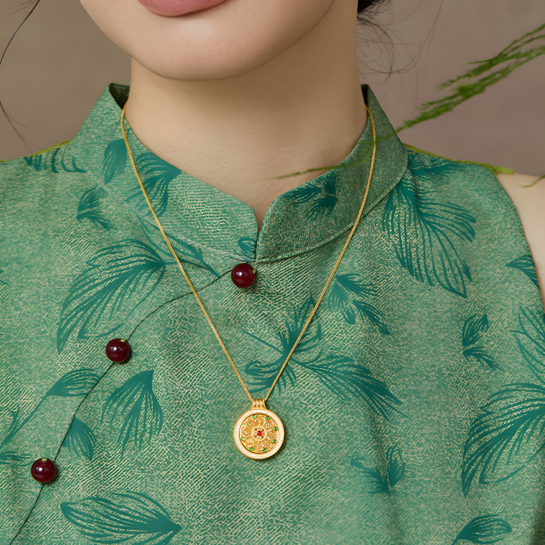 24K Pure Gold Eight Treasures Compass Rotatable pendant with Necklace - Gypsophila Co.