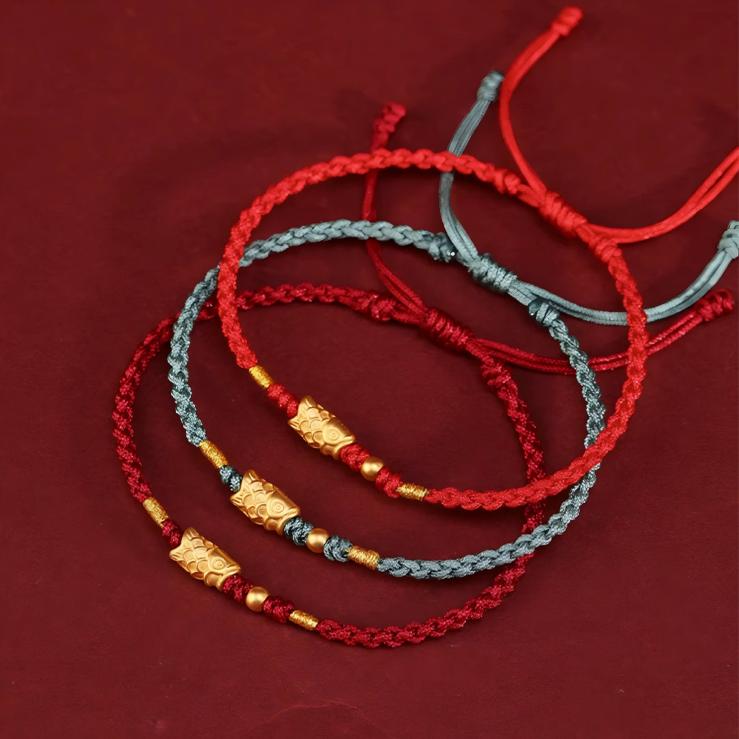 24k Solid 999 Gold Koi Carp Lucky Fish Red Rope Bracelet for Men and Women Braided Bracelet Bring Luck and Wealth