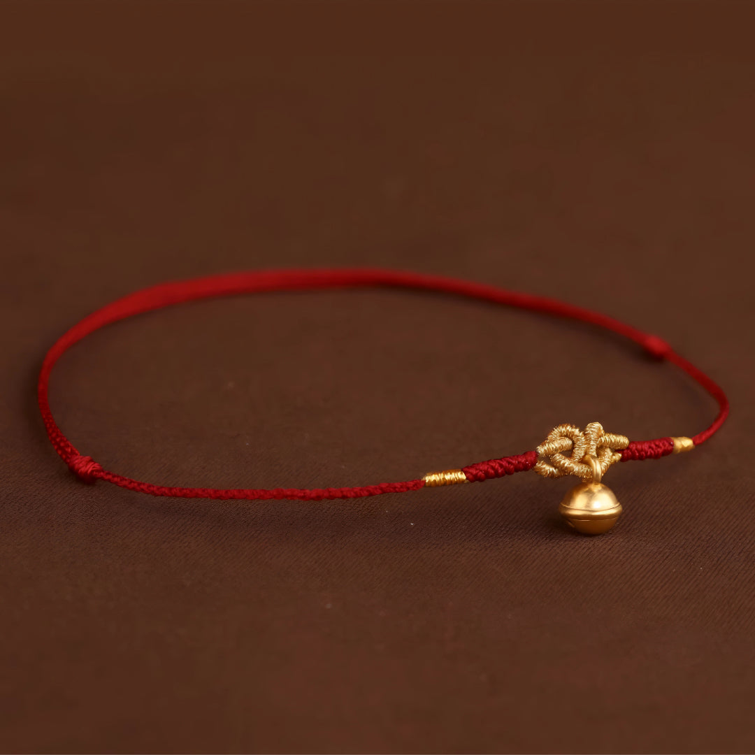 24k Solid 999 Gold Bell Charm Fine Woven Ultra-thin 3D Hard Gold Red Rope Braided Bracelet and Anklet