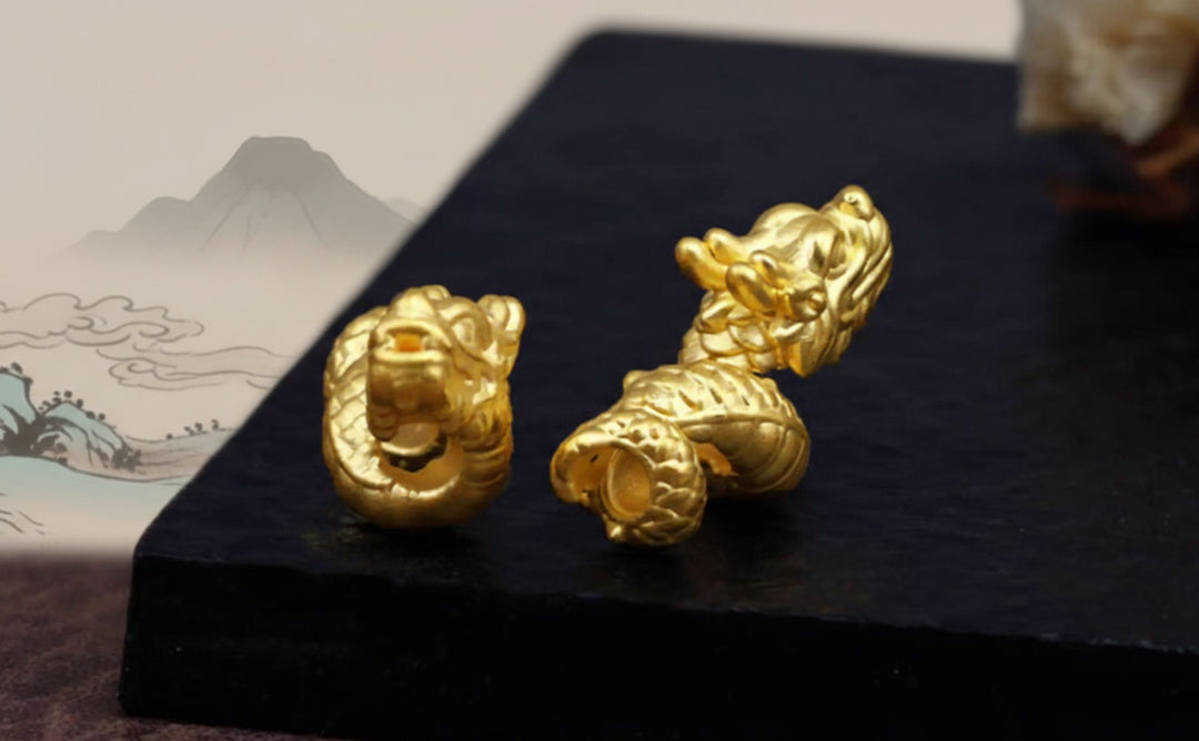 24K 999 Pure Gold 3D Hard Gold Zodiac Dragon entwined around Pillars Good Luck Charm D.I.Y Pendant