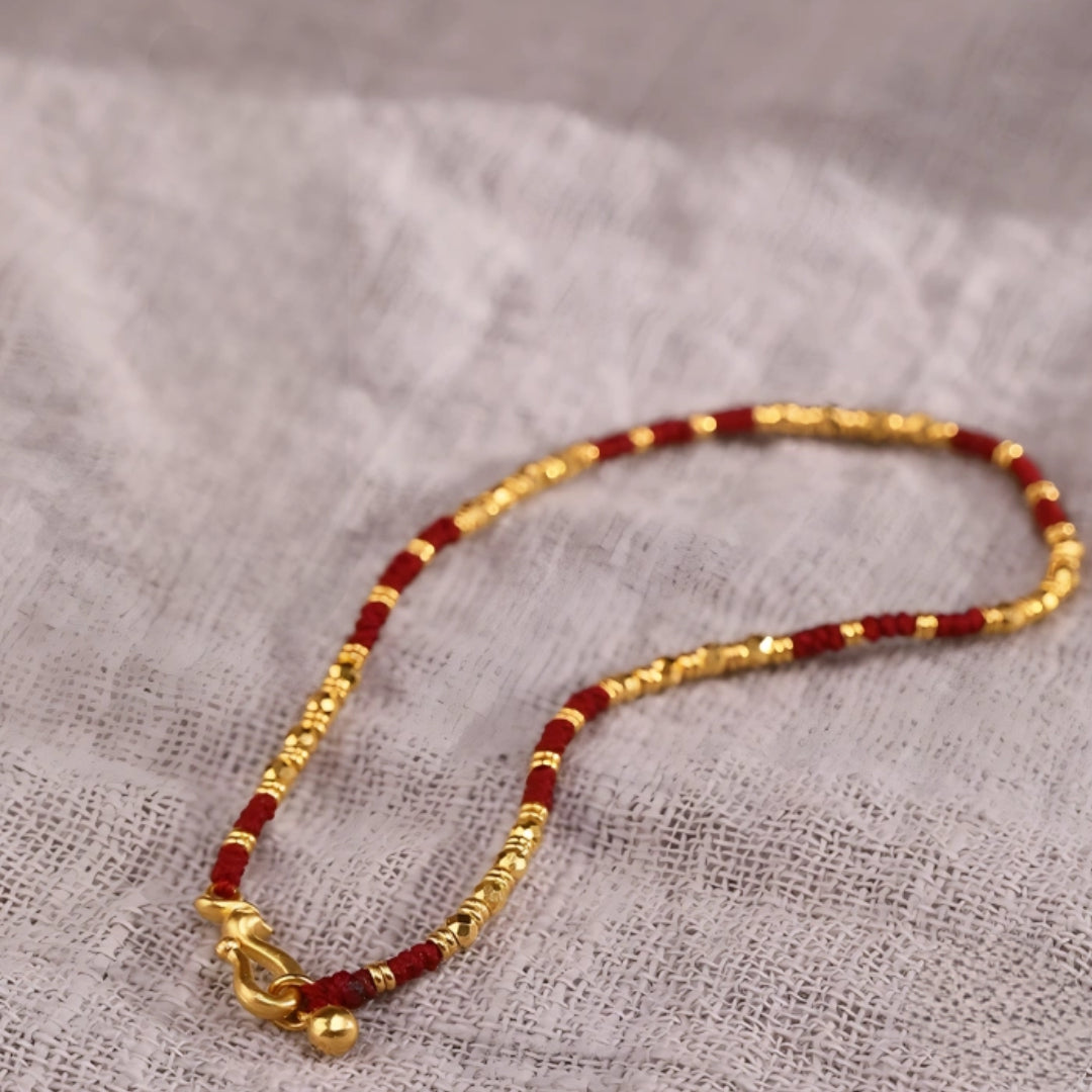 24k Solid 999 Gold Chinese Beads Red Braided Rope Bracelet for Men and Women Blessing and Luck