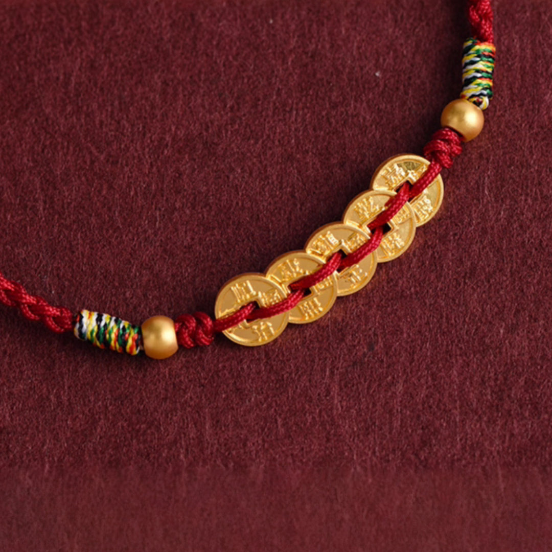 24k Solid 999 Gold Five Emperors Coins Red Rope Bracelet for Men and Women Blessing and Peace Braided Bracelet