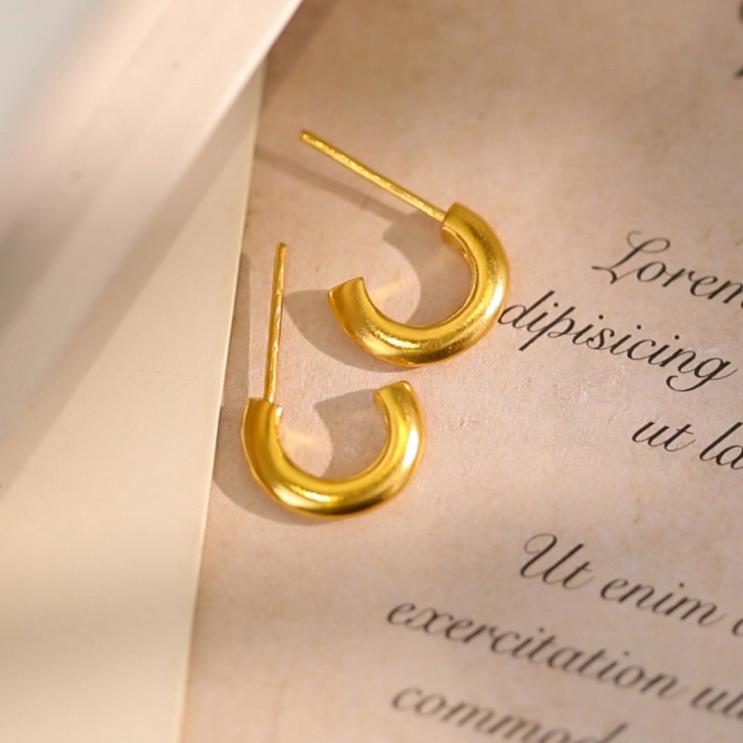24K Real Gold Half C shape Stud Earrings