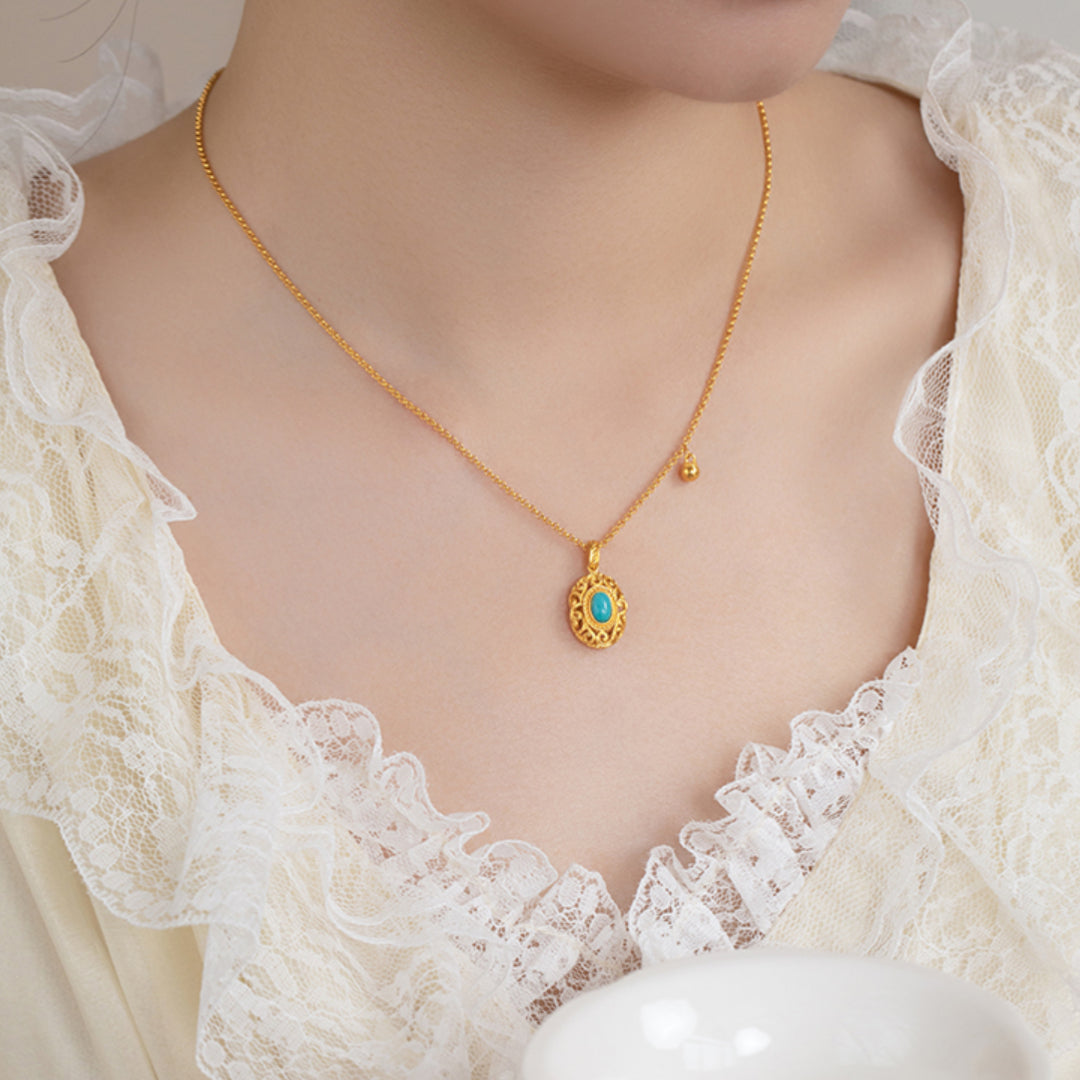 24K Gold Retro Rococo Style Oval Turquoise Pendant - Gypsophila Co.