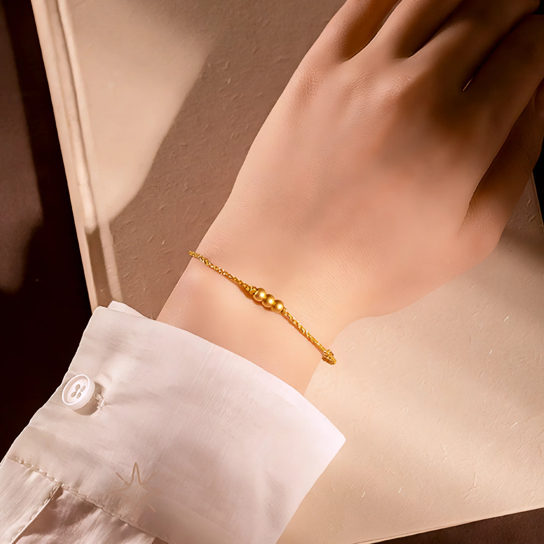 24k Pure 999 Gold Lucky Beads Cube with Golden Rope Bracelet