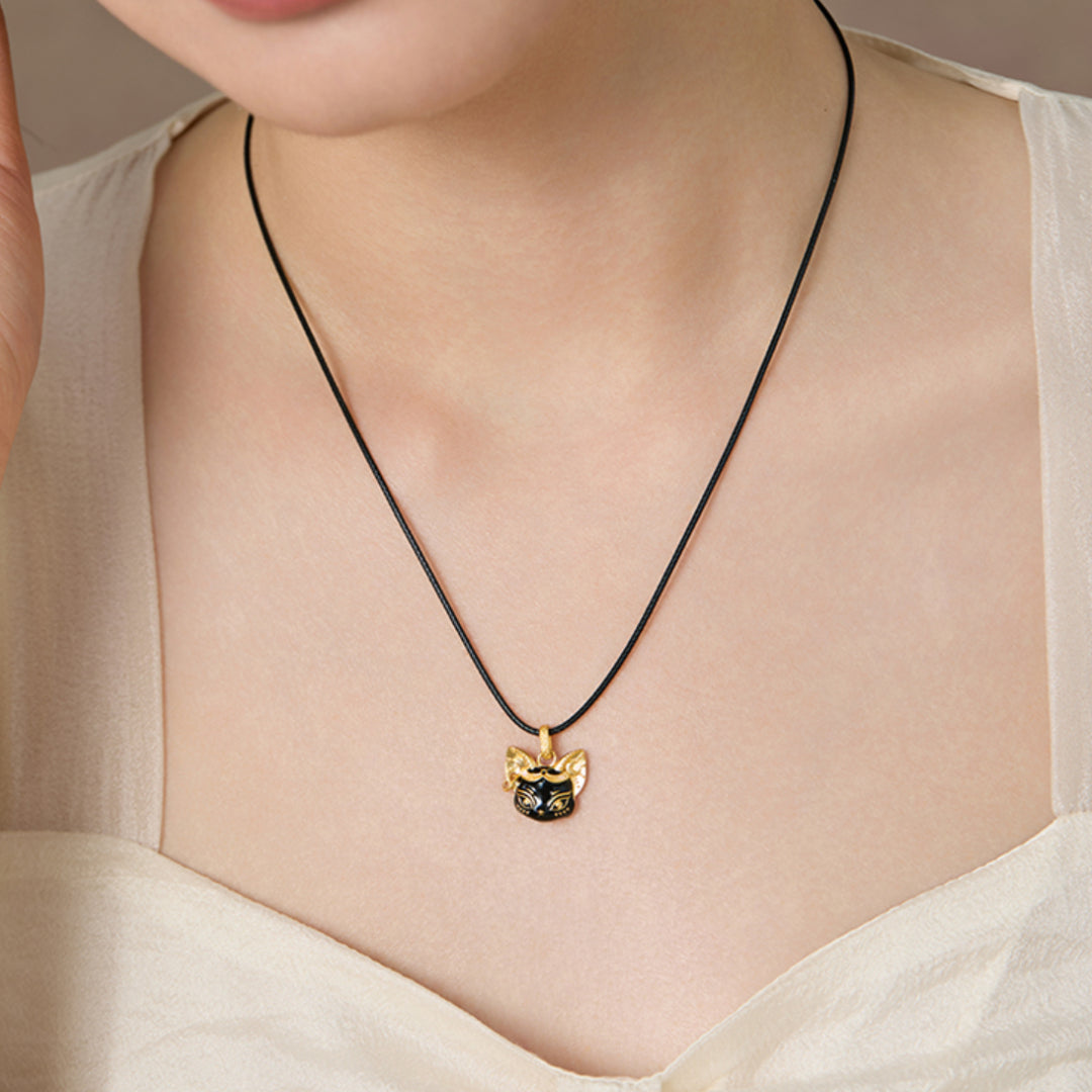 24K Real Gold Ancient Enamel Egypt Cat Pendant with Rope Necklace - Gypsophila Co.
