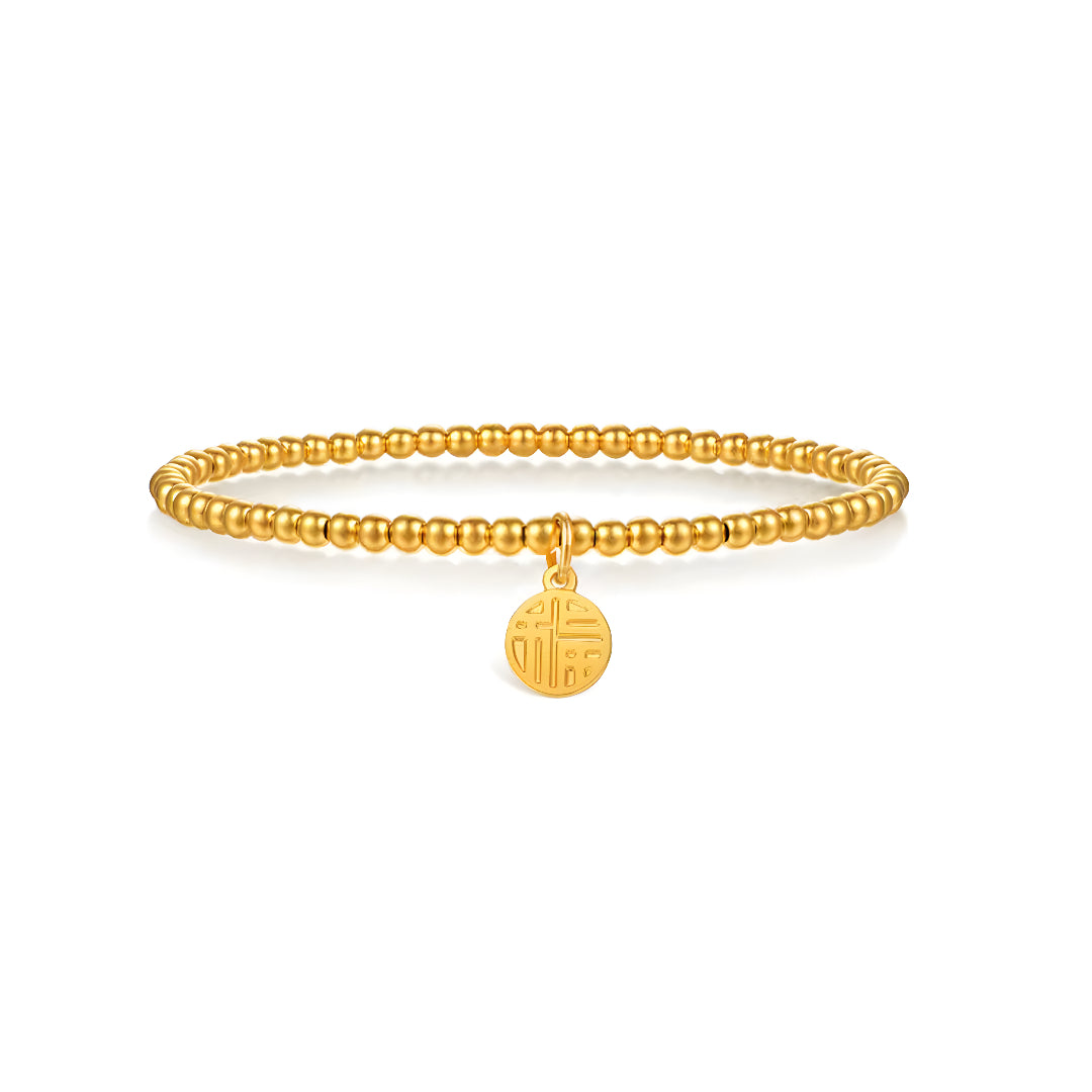 24K Beads Minimal Bracelet with Blessing Chinese Font Fu Charm for Good Luck