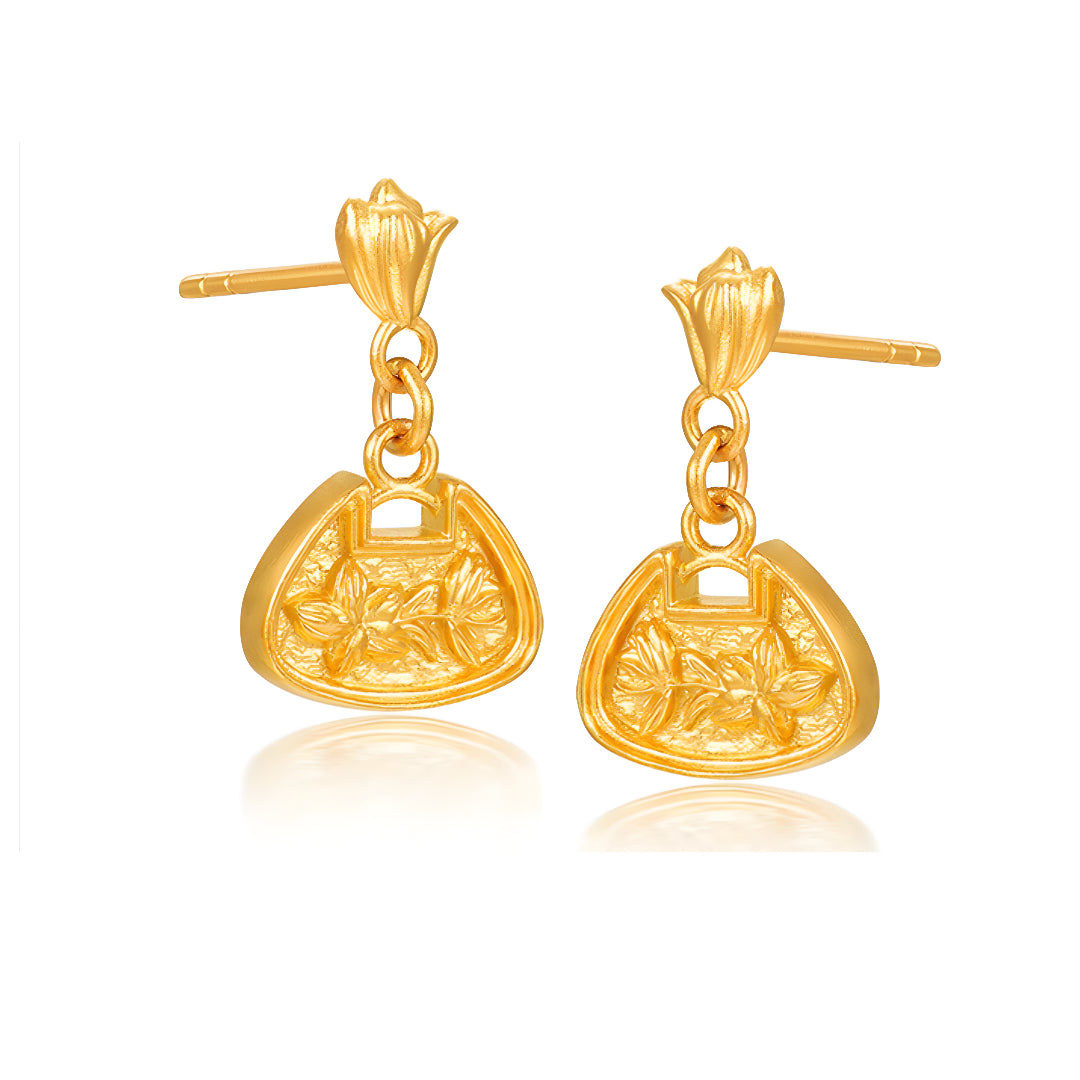 24k Real Gold Ancient Triditional Style Solid Snow Orchid Flower Stud Earrings