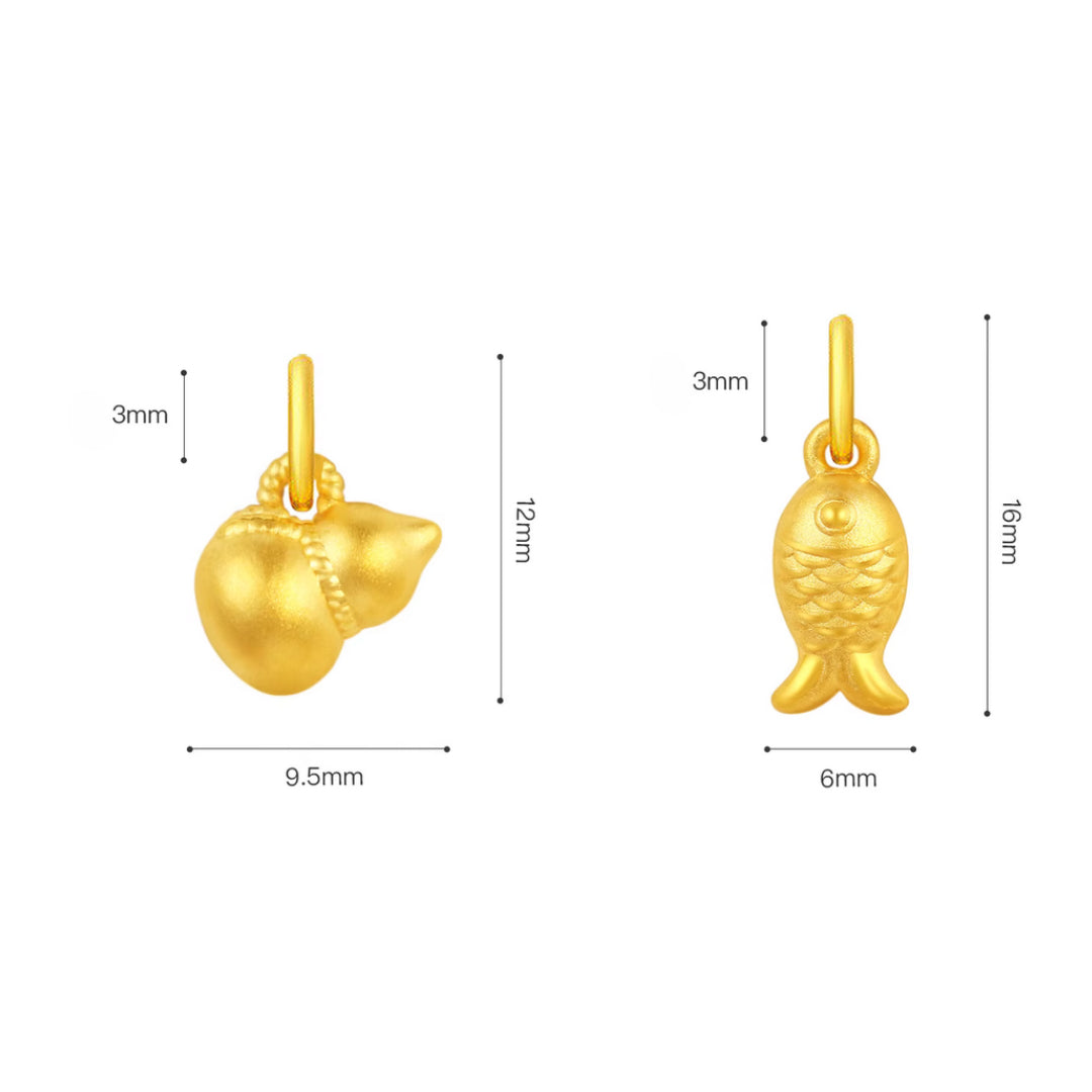 24k Solid Gold 999 Gold Gourd or Small Fish Pendant for Wealth and Fortune D.I.Y Charm