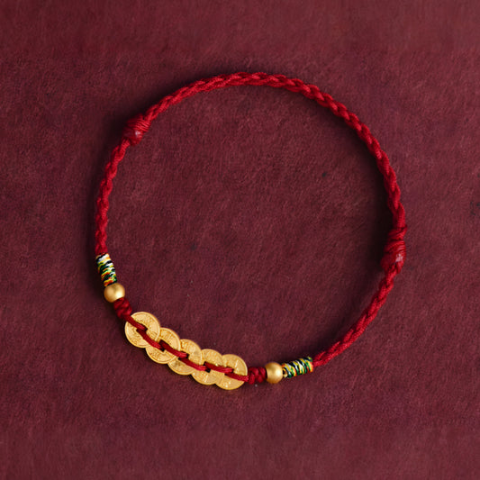 24k Solid 999 Gold Five Emperors Coins Red Rope Bracelet for Men and Women Blessing and Peace Braided Bracelet