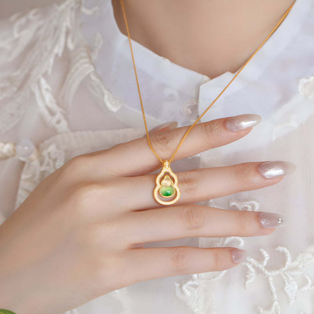 24K Gold Jade Lucky Gourd Pendant with Necklace - Gypsophila Co.