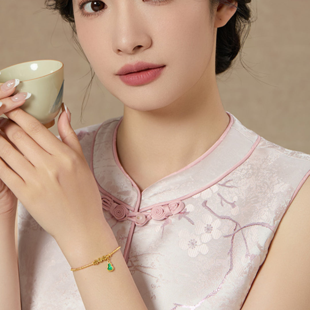 24K Real Gold Enamel Green Gourd Charm Beads Chinese Money Coin Bring Good luck and wealth Bracelet