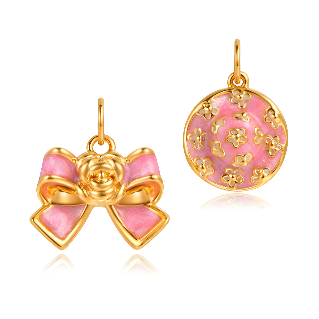 24K Pure Gold Pink Enamel 5D Hard Gold Dog Happy Face Bow and Perfume Bottle Charm D.I.Y Pendant - Gypsophila Co.