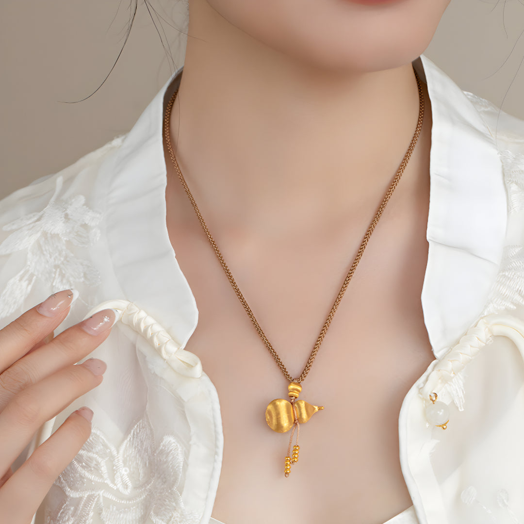 24K Pure Solid Gold Gourd Lucky Pendant with Rope Braided Necklace