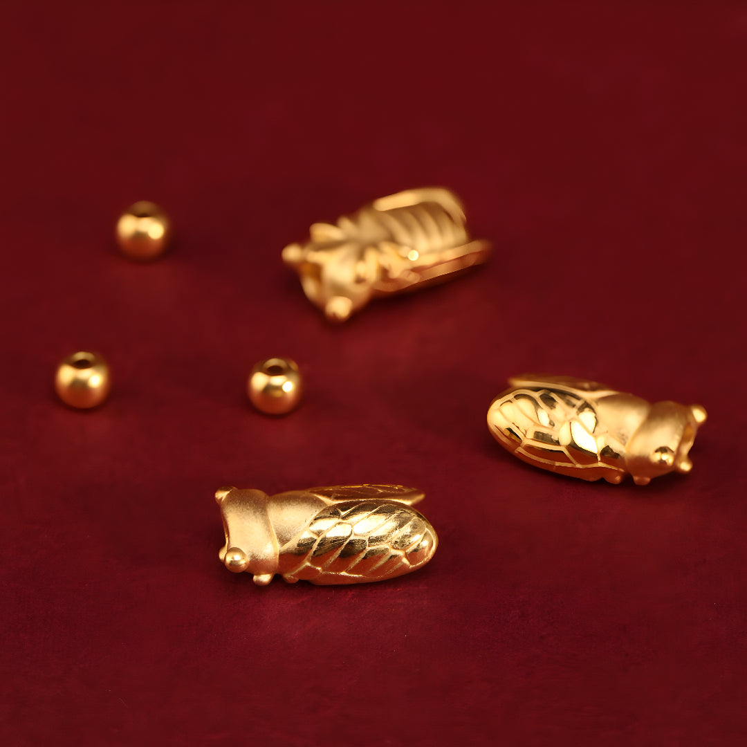 24k Solid 999 Gold Cicada Pendant with Red String Braided Rope Bracelet for Good Luck