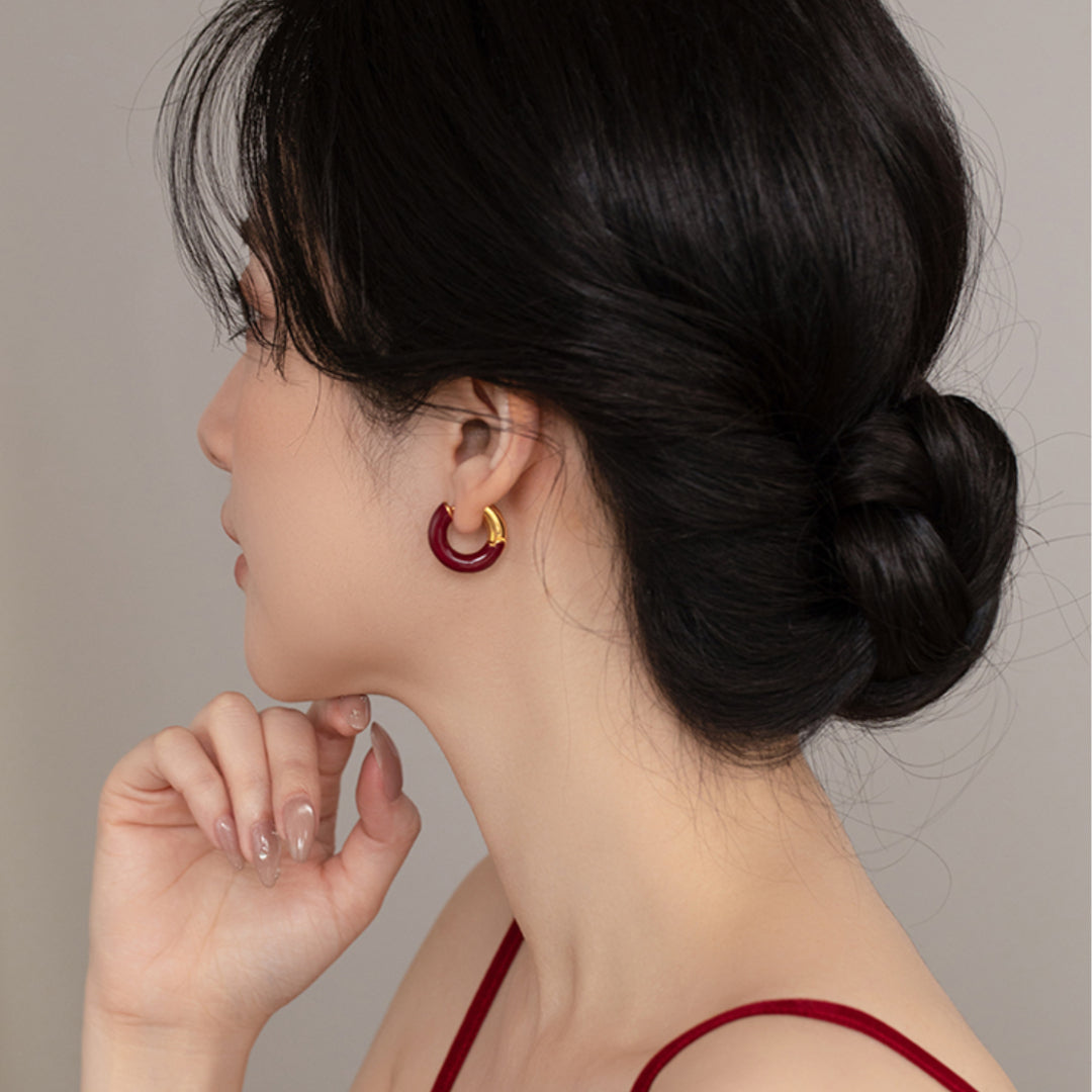 24K Pure Gold Red Hoop Earrings 5D Gold Retro Enamel New Year Earrings