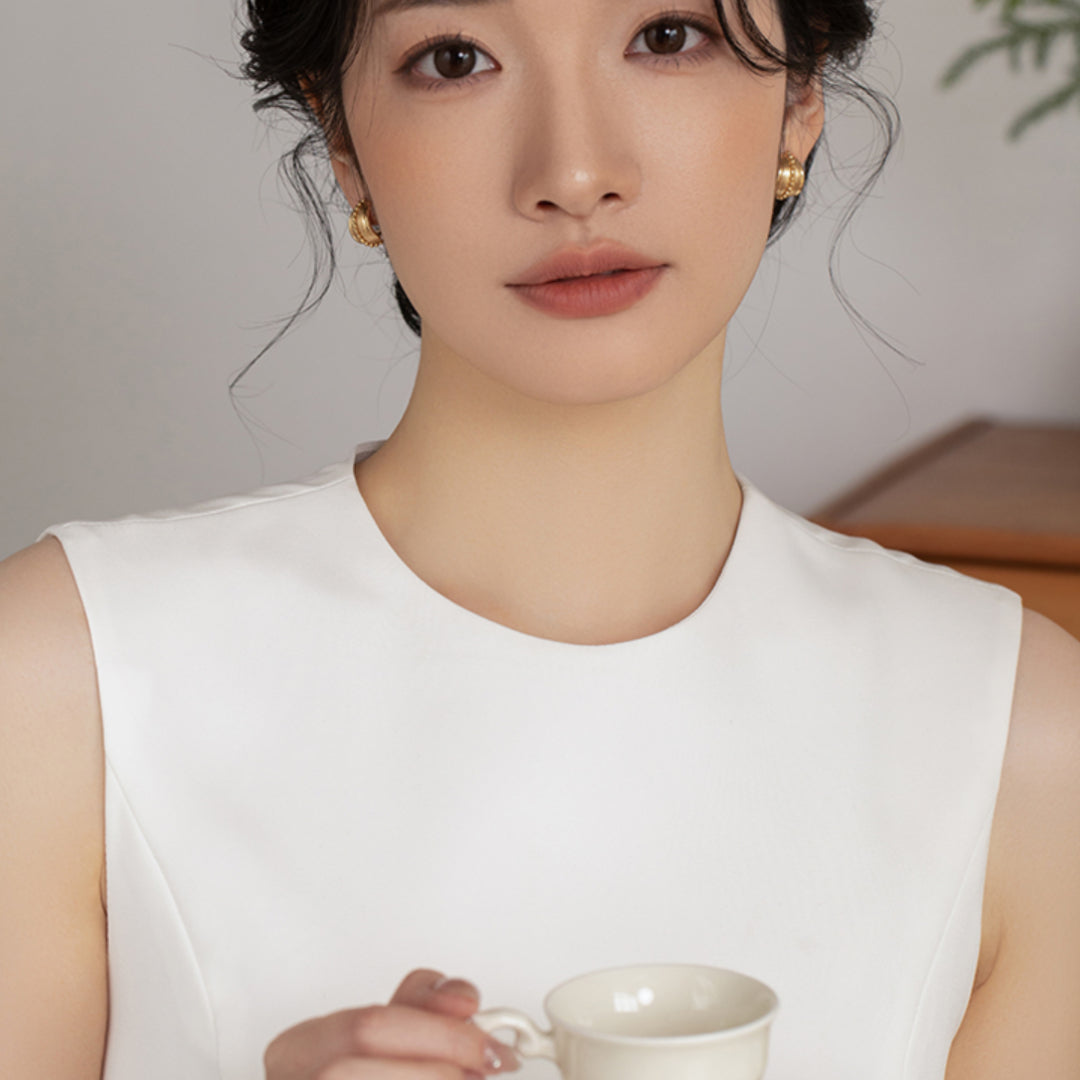 18k Real Gold Brushed Pattern Geometric Stud Earrings