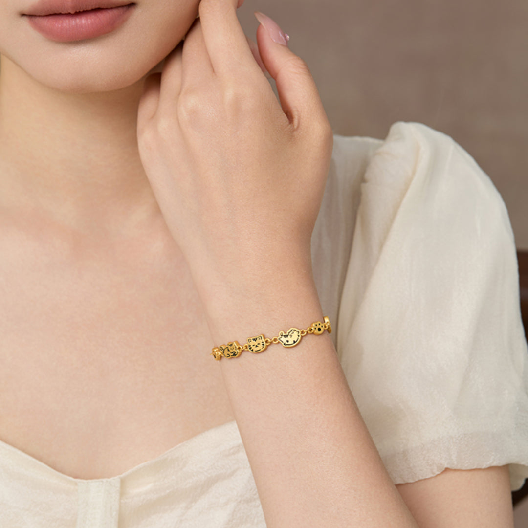 24K Pure Gold 3D Hard Gold Cute Enamel Cat Kitty Bracelet Perfect Gift