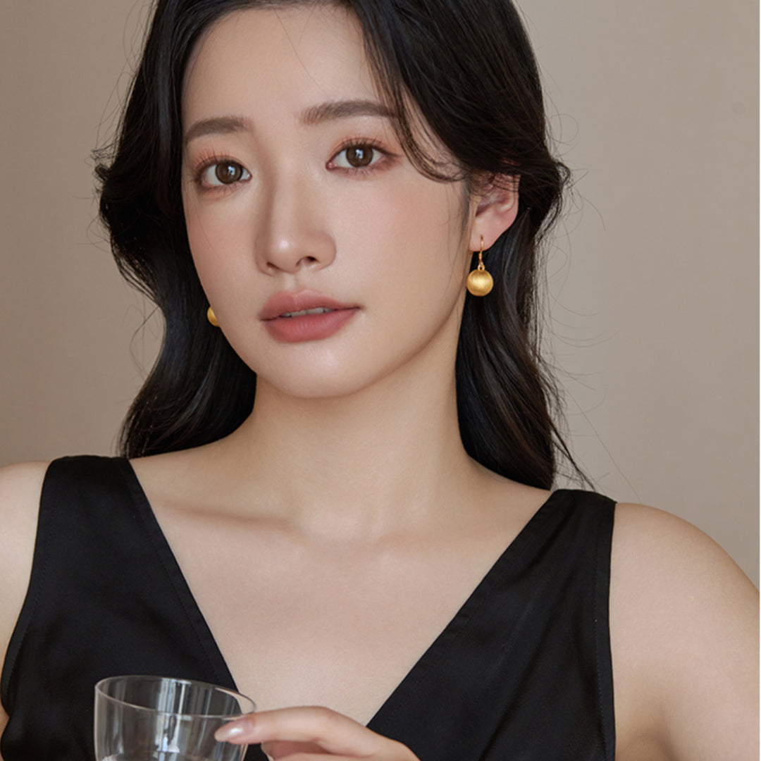 24K Real Gold earrings 5D Hard Gold brushed gold Ball Hoop Earrings