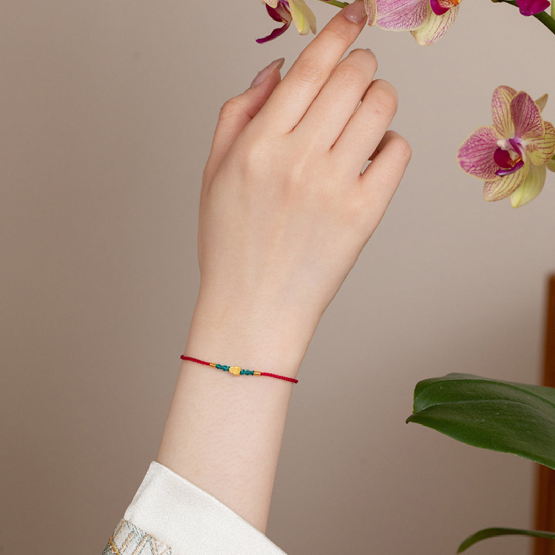 24K Real Gold Lucky Gourd with Red Braided Rope Bracelet