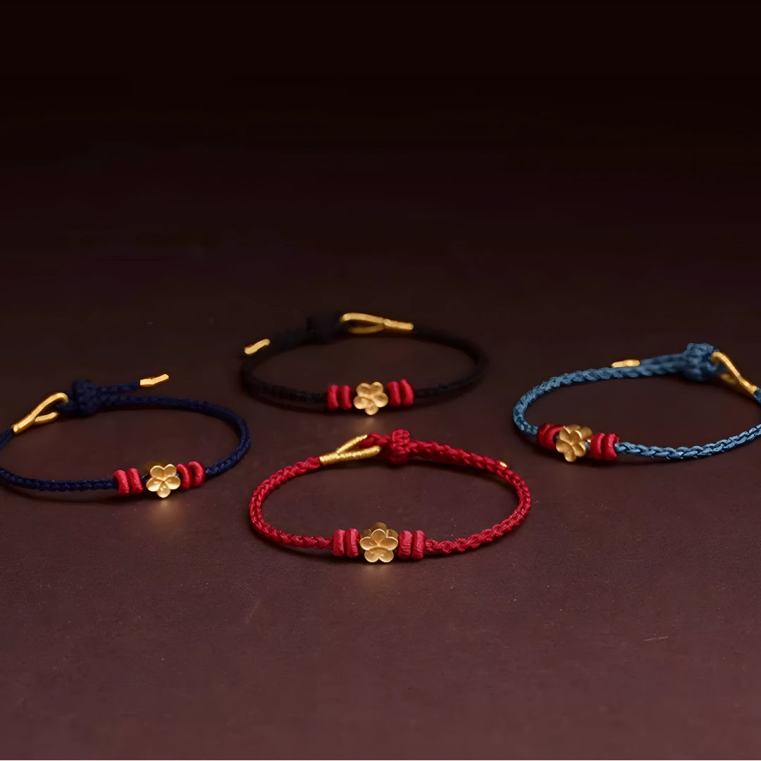 24k Solid 999 Gold Cherry Blossom Flower Red Rope Braided Bracelet