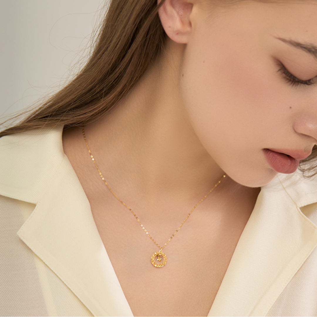 18K Real Gold Dream Catcher Four-Leaf Clover Necklace Clavicle Chain with Pendant