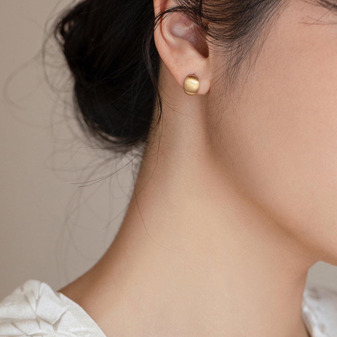 18k Real Gold Brushed Pattern Geometric Stud Earrings