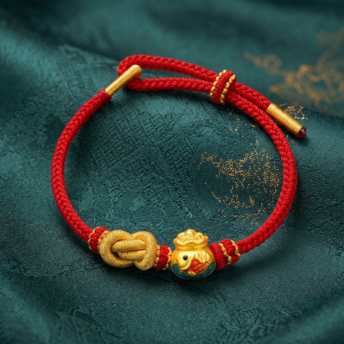 24K 5D Hard Gold Koi Fish Blessing Bag Charm Cord Bracelet
