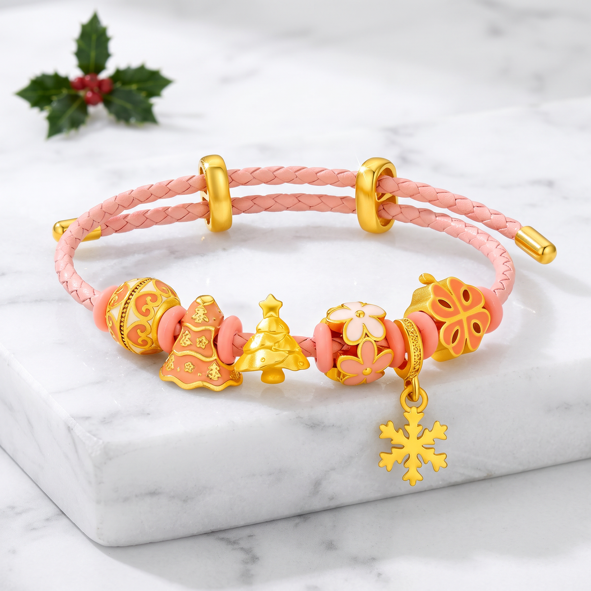 24k 999 Christmas Holiday Tree Snowflake Charm Cord Adjustable Bracelet