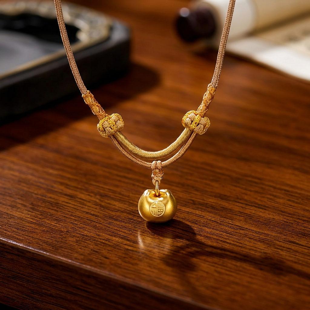 24K Gold Blessing Fu Lock Charm Weaving Rope Necklace