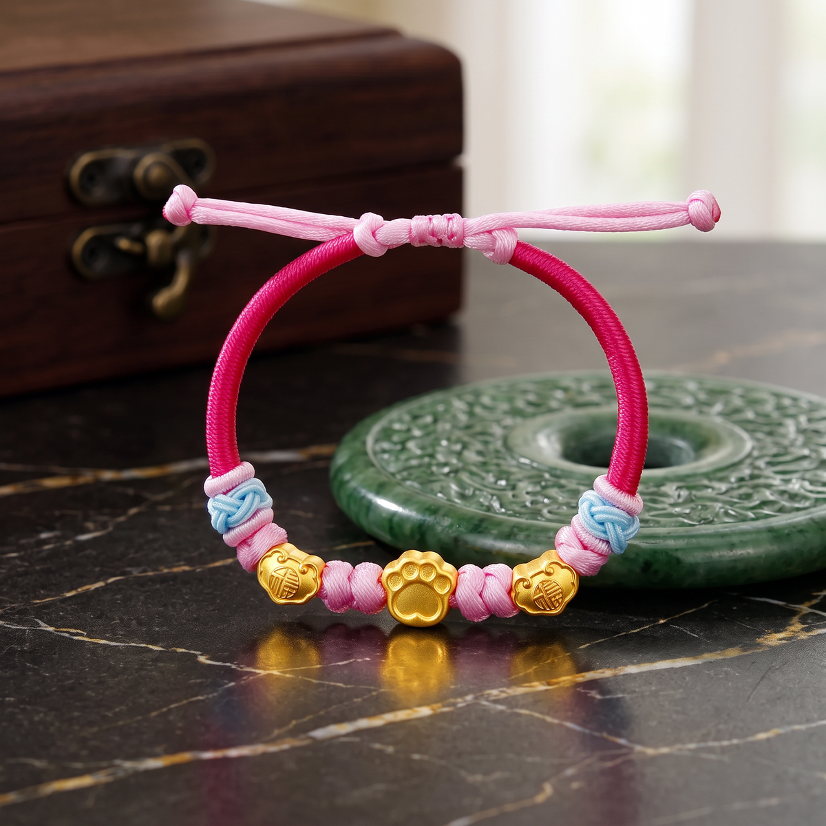 24K 999 Gold Cat Dog Paw Charm Adjustable Woven Bracelet Babyshower Kid Birthday Gift