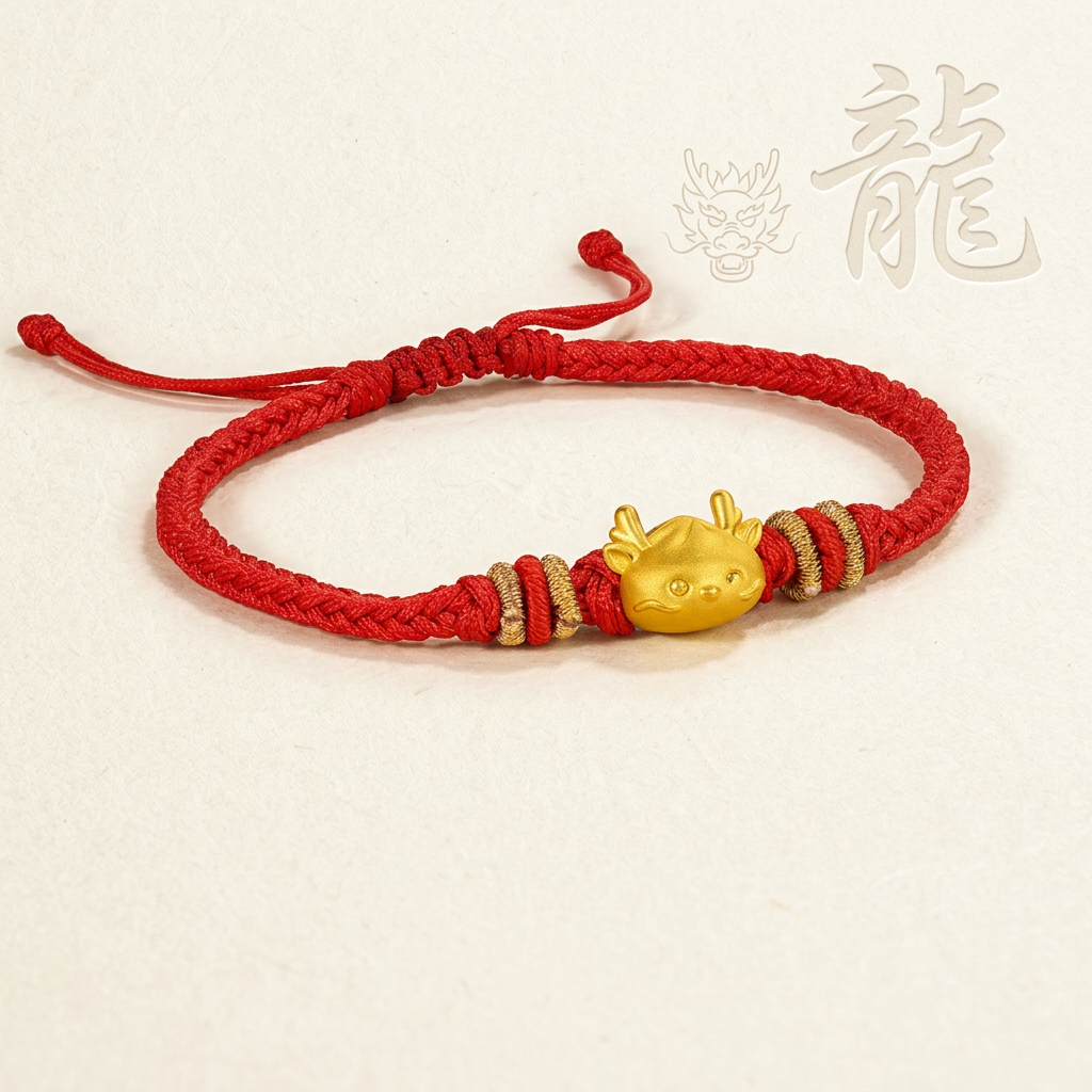 24K 3D Hard Gold Chinese Zodiac Dragon Charm Braided Bracelet