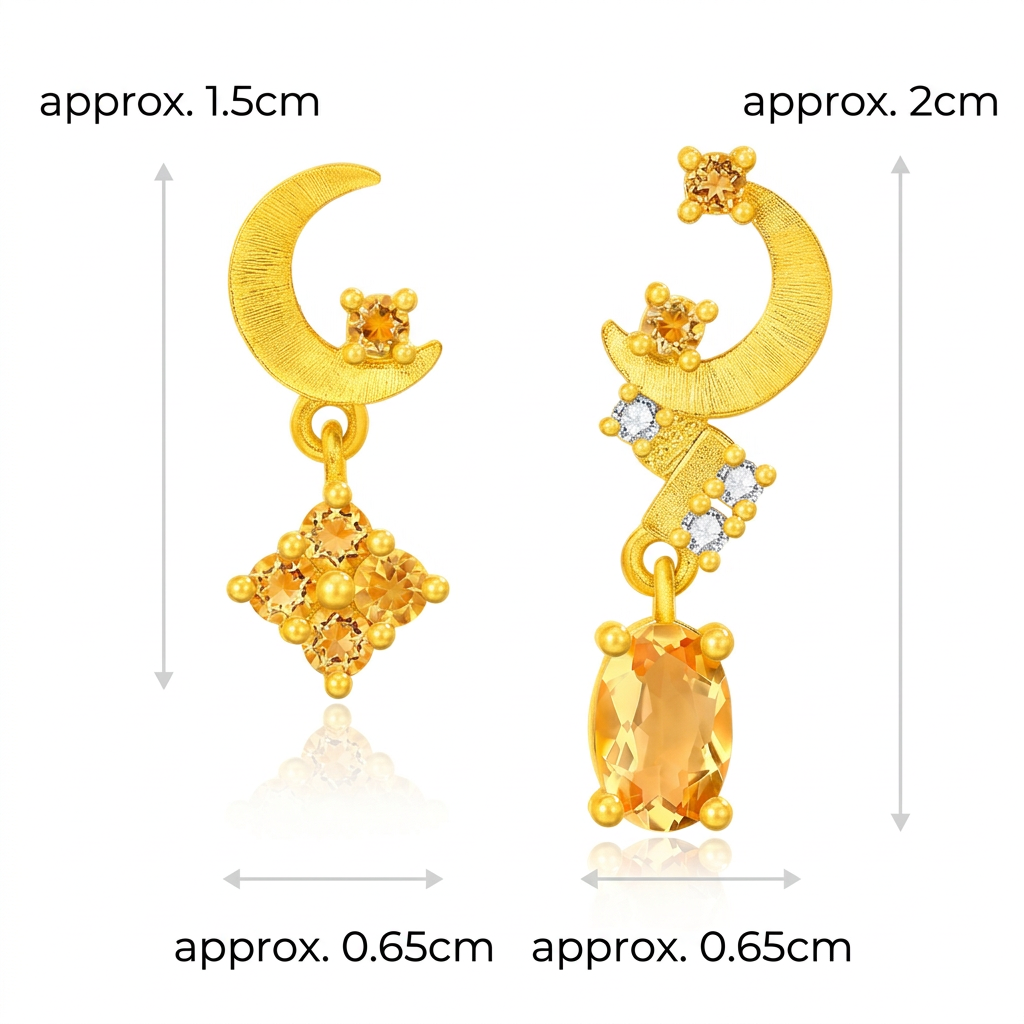 Genuine 24K 5G Gold Moon Yellow crystal Moissanite Stud Earrings