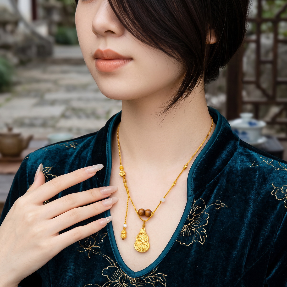 24k 999 Gold Fortune Lotus and Koi Detailed Lucky Gourd Pendant