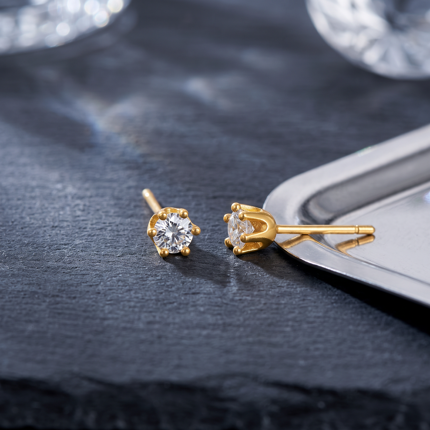 24K Fine Gold Minimal Classic Fine Moissanite Six-Prong Stud Earrings