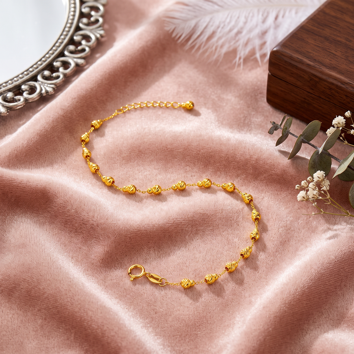 18K Fine Gold Gourd Charms Bracelet and Stud Dangle Earrings