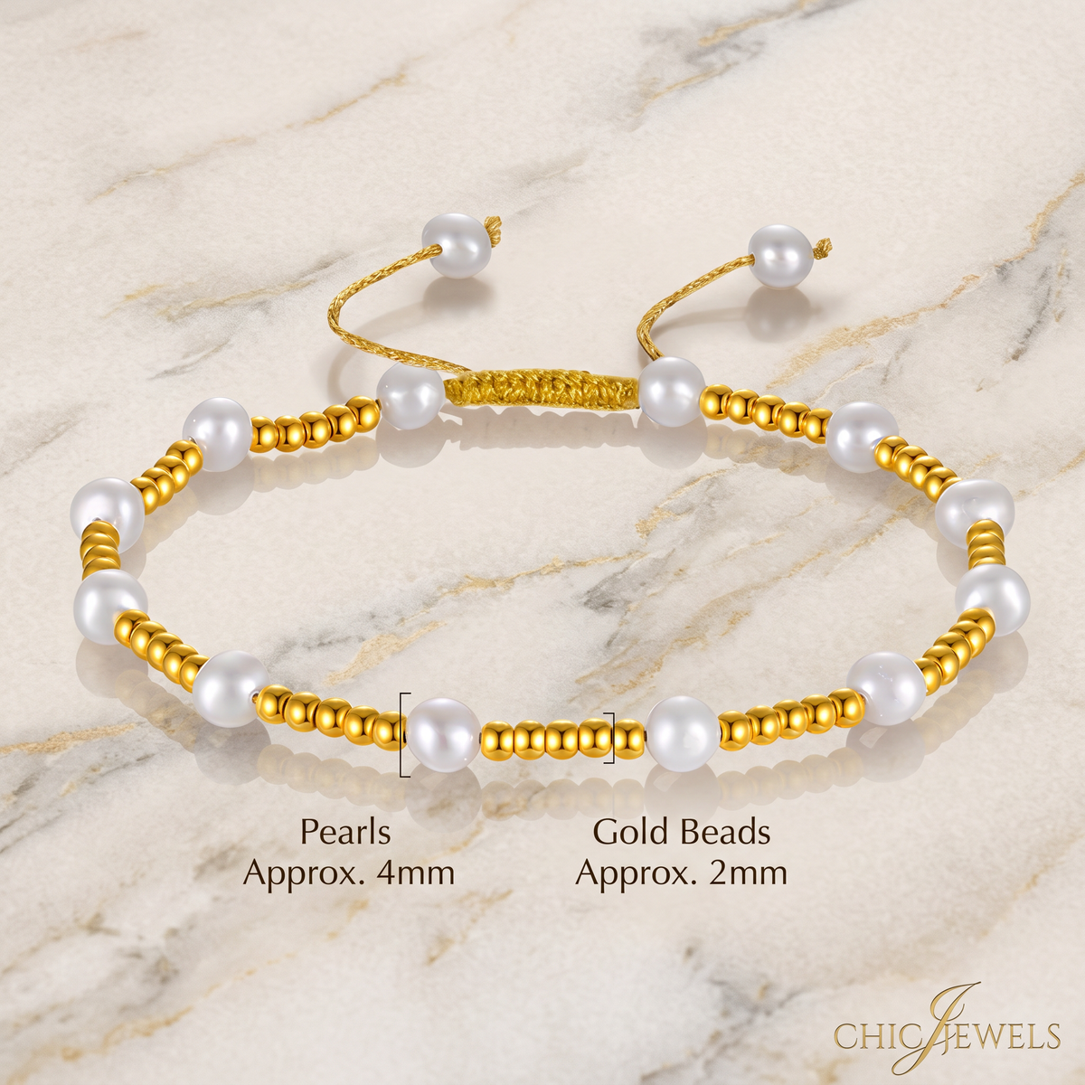24K 999 Fine Gold Mini Beads and Pearl Adjustable Cord Bracelet Perfect Gift