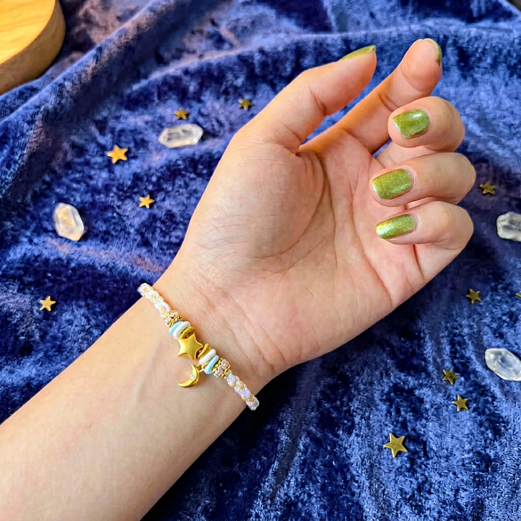 24K 999 Gold Moon and Star Charm Weaving Bracelet