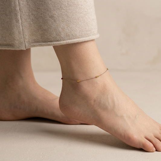 24k 999 Gold Minimal Infinity Loop Charm Beads Braided Ultra-Fine Cord Anklet